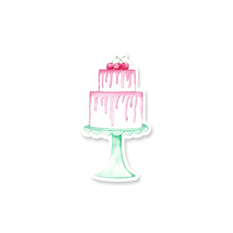 3" vinyl sticker of a watercolor painted 2-tiered white birthday cake with pink frosting and 3 cherries on top all sitting on a vintage scalloped mint colored cake stand