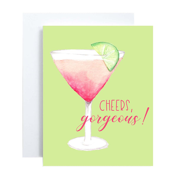 watercolor pink martini with lime in a cocktail glass friendship greeting card that says cheers gorgeous with a white A2 envelope