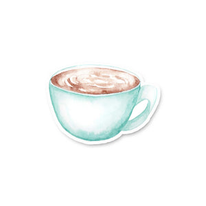 3" vinyl sticker of a watercolor blue coffee mug full of hot coffee