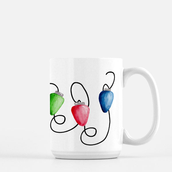 15oz white ceramic mug with watercolor string of colorful christmas lights wrapping around the cup and says define nice with wrap around lights on the back