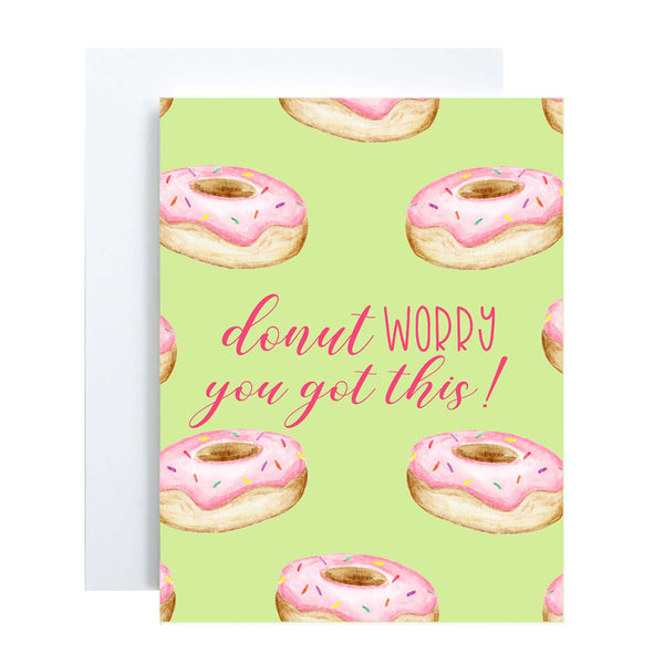 watercolor pink frosted donuts with sprinkles on a greeting card that says donut worry you got this with a white A2 envelope