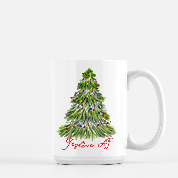 15oz white ceramic mug with watercolor christmas tree with colorful lights that says festive af