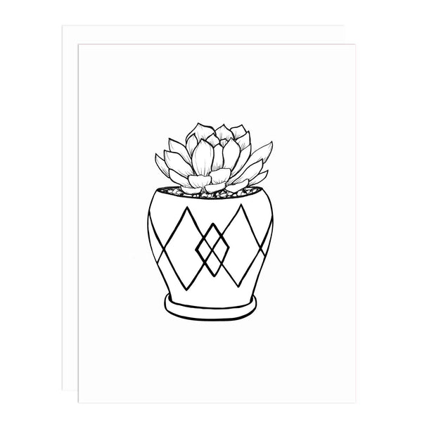 Notecard with an illustration of a hen and chick succulent in a pot with a diamond pattern in black and white