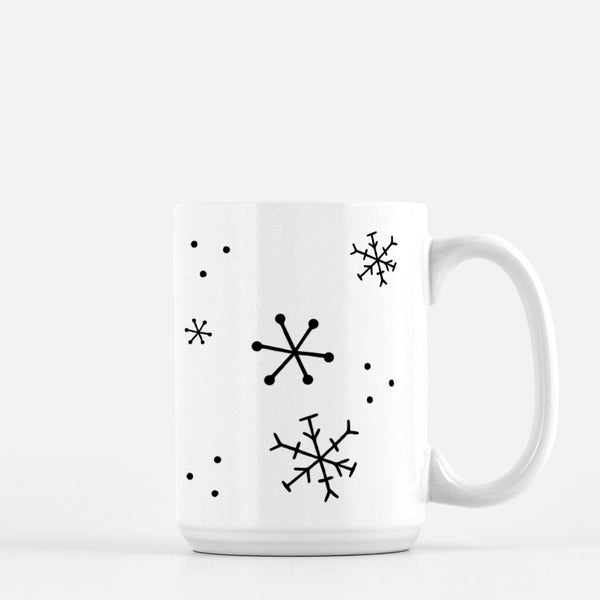 15oz white ceramic mug with watercolor snowman with a red santa hat, snowflake doodles and says let it snow in calligraphy back of mug