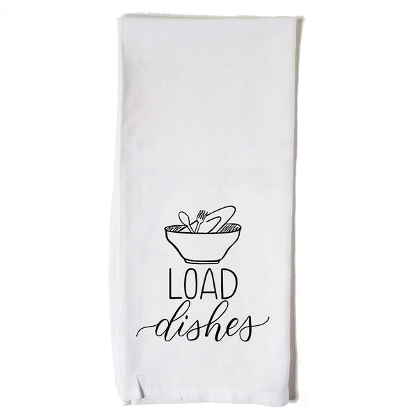 White floursack towel with black hand lettered illustrated design that says Load dishes with pile of dirty dishes doodles