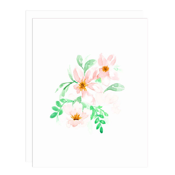 Notecard with a painting of 3 pink flowers with orange centers and green leaves