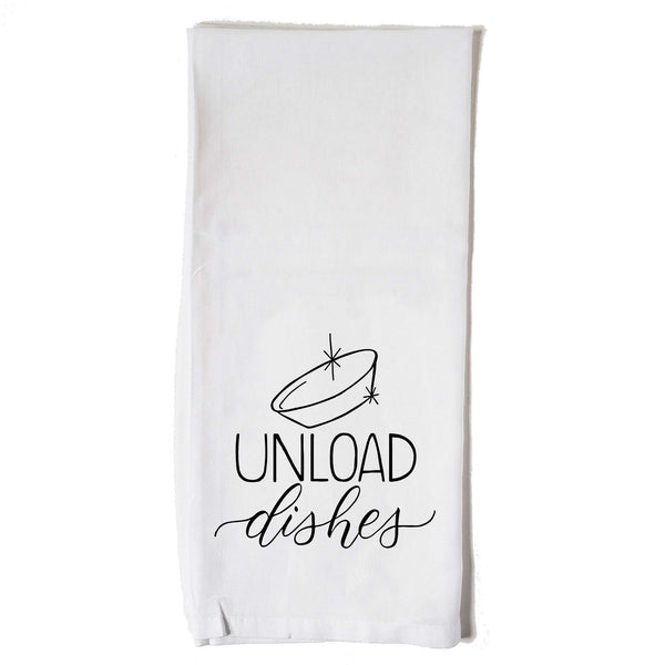 White floursack towel with black hand lettered illustrated design that says Unload dishes with a clean bowl doodle