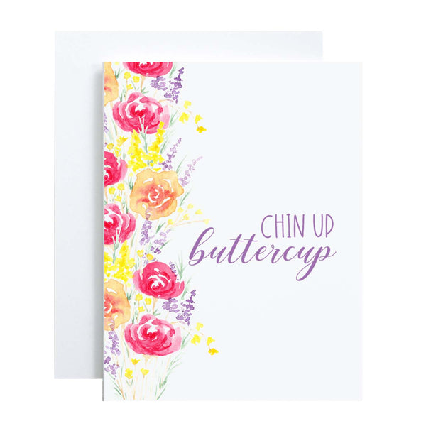 summery watercolor floral bouquets on an encouragement greeting card that says chin up buttercup with a white A2 envelope
