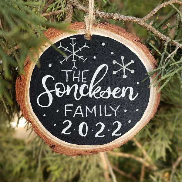 Snowflake Family Ornament - Hand Painted Wood Slice Ornament