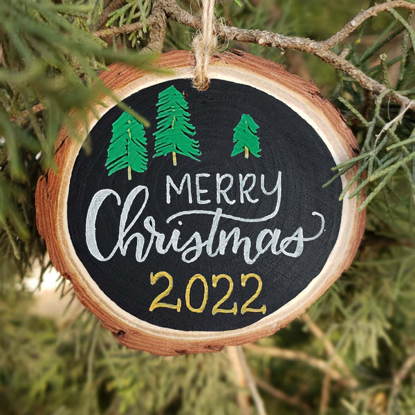 2022 Collectors Merry Christmas Hand Painted Wood Slice Ornament