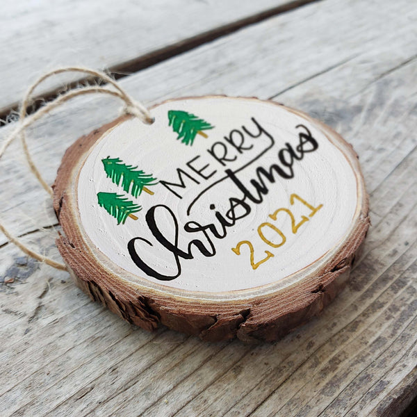 2022 Collectors Merry Christmas Hand Painted Wood Slice Ornament