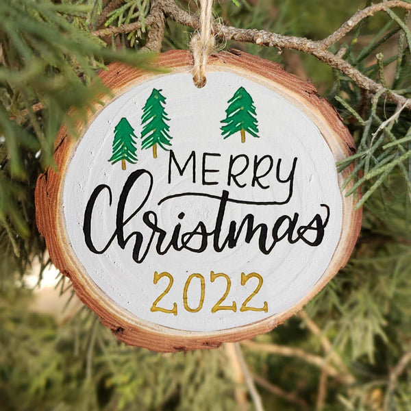 2022 Collectors Merry Christmas Hand Painted Wood Slice Ornament