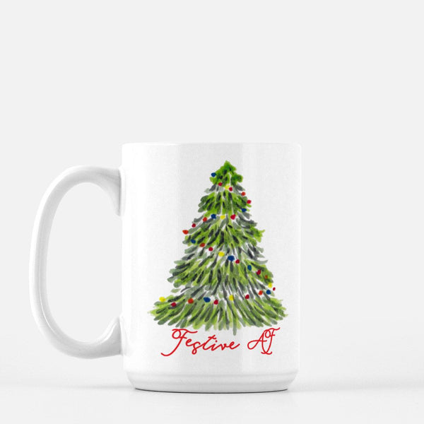 15oz white ceramic mug with watercolor christmas tree with colorful lights that says festive af