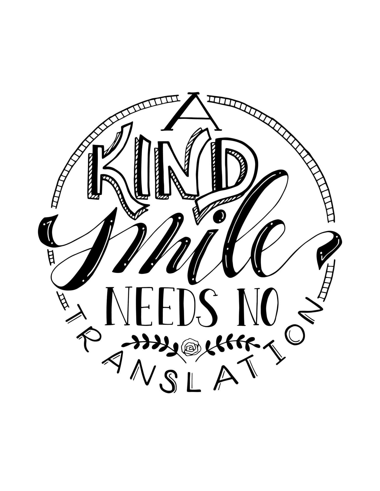wall art typography design that says A Kind Smile Needs No Translation in black and white