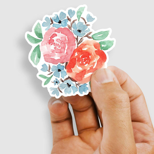 3" Autumn Floral Vinyl Sticker in blue, green, coral and pink shown being hand held