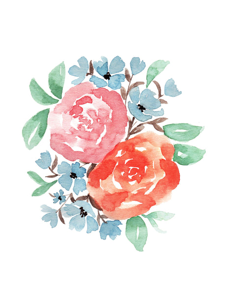 Watercolor wall art print with coral and rust colored roses, little muted blue accent flowers and green leaves