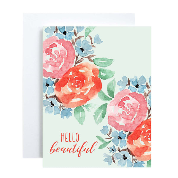 hello beautiful floral watercolor greeting card with coral, pink, blue flowers and green leaves with white A2 envelope