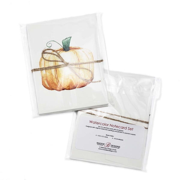 Set of 6 watercolor fall nature notecards shown packaged in a clear plastic sleeve
