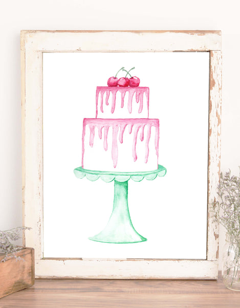 watercolor painted layered white cake with dripping pink frosting topped with three red cherries and sitting on a seafoam green scalloped cake stand
