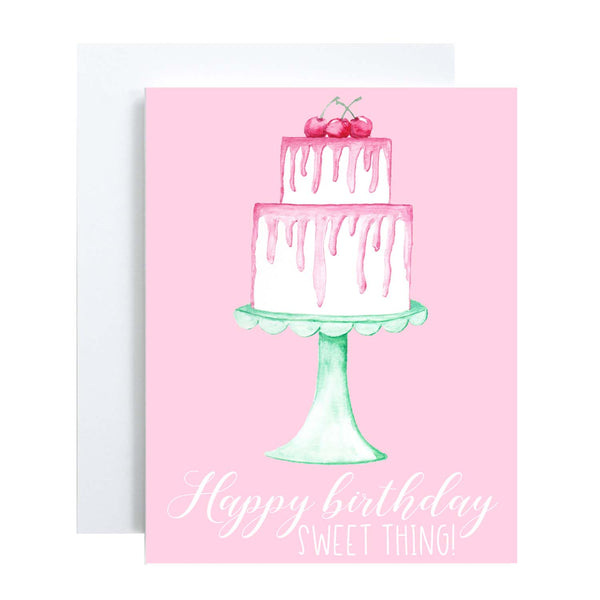 Happy birthday sweet thing watercolor birthday cake with pink frosting cherries and seafoam green cake stand birthday card