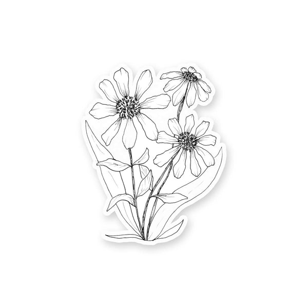 3" vinyl sticker of  black and white hand illustration of gloriosa daisies
