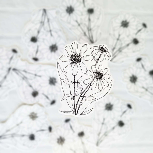 3" vinyl sticker of black and white hand illustration of gloriosa daisies
