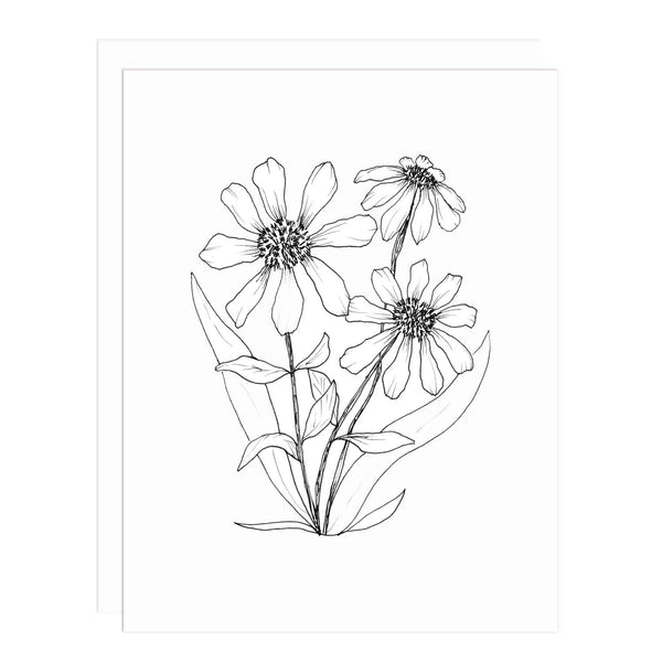 Notecard with an illustration of a cluster of three black eyed susans in black and white
