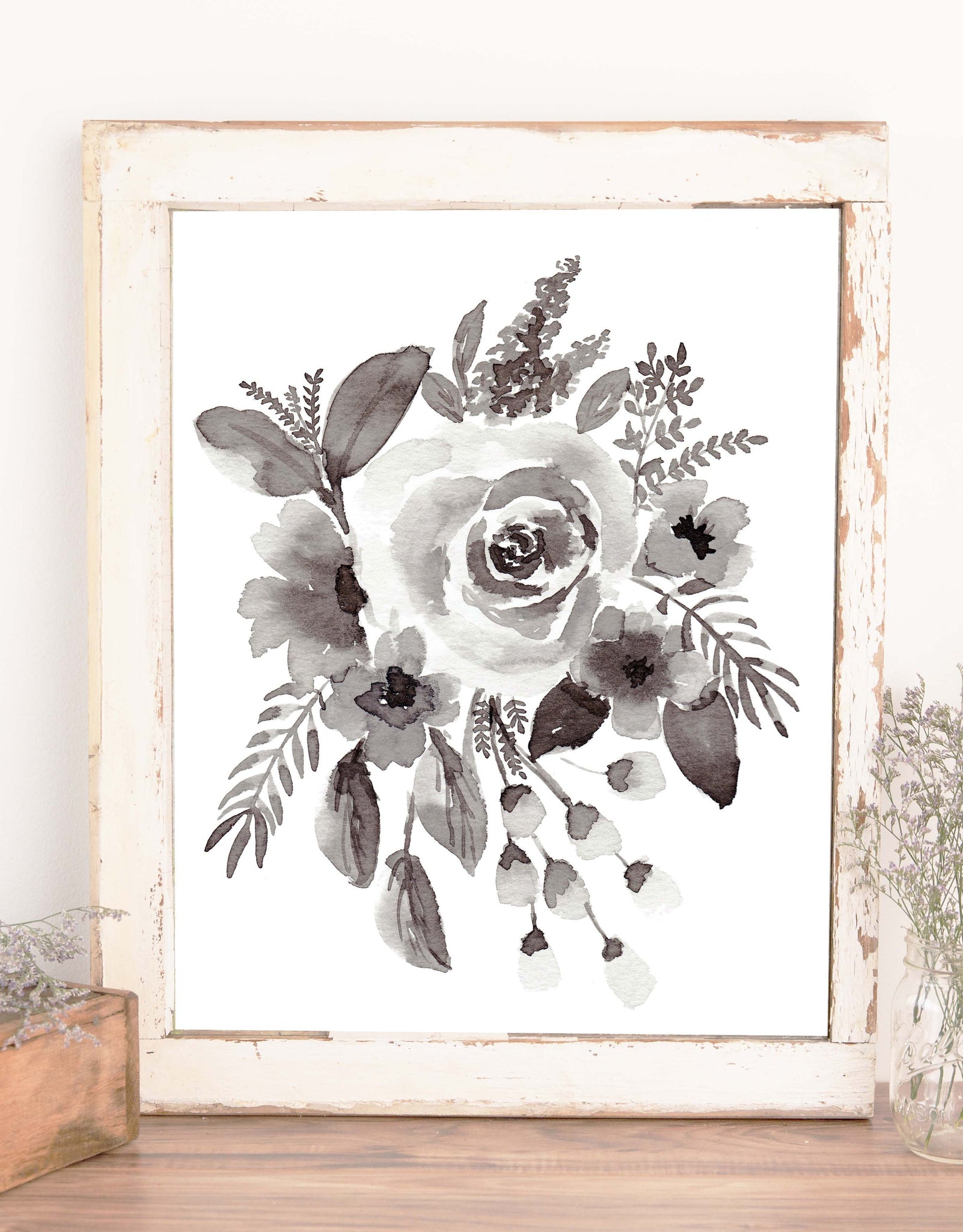 Wall art watercolor painting of a floral bouquet, monochromatic shades of grey