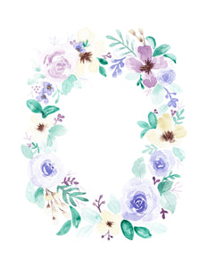 wall art of floral wreath with blue purple cream flowers and light and dark green leaves