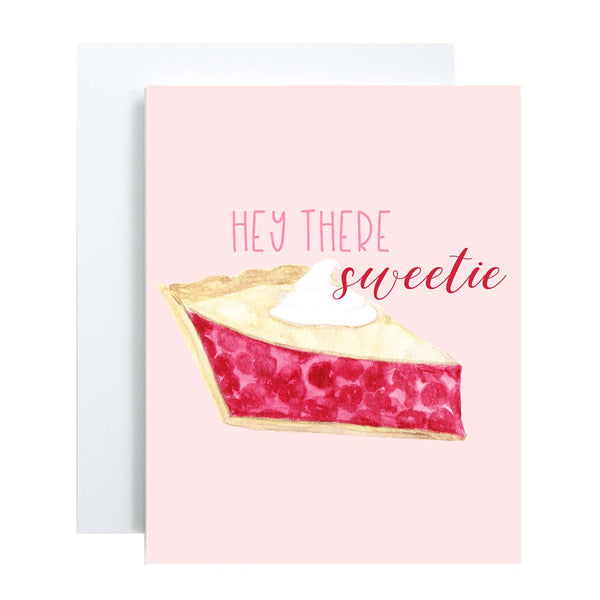 hey there sweetie watercolor greeting card with a watercolor slice of cherry pie topped with a dollop of whipped cream greeting card with white A2 envelope
