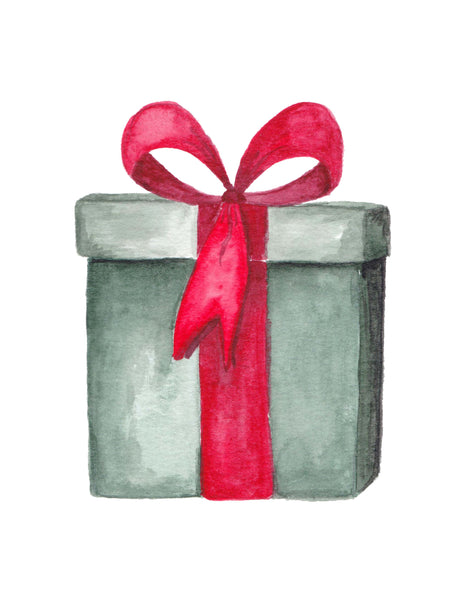 Watercolor painting of a green christmas package tied with a red bow 