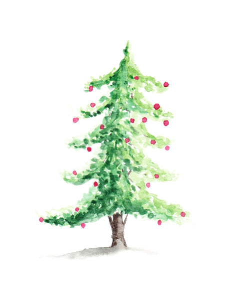 Watercolor woodland Christmas tree with red christmas bulbs