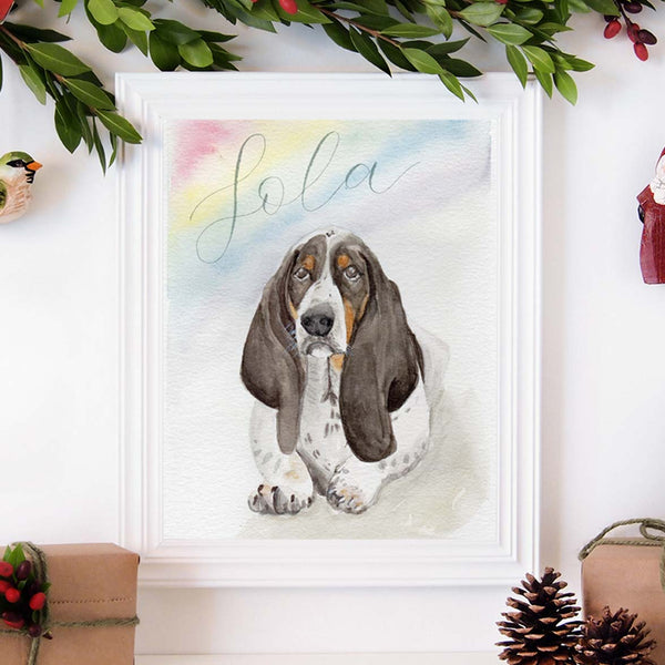 Watercolor pet portrait painting of a basset hound