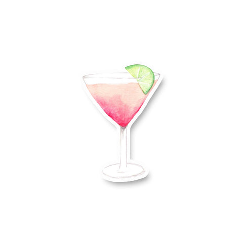 3" vinyl sticker of a watercolor martini glass with a pink cocktail and a slice of lime for garnish
