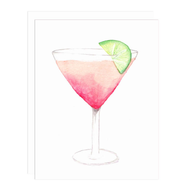 Notecard with a painting of a tropical sunset colored cocktail in a martini glass and topped with a slice of lime.