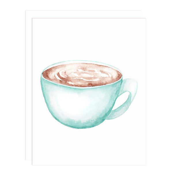 Notecard with a watercolor painting of a blue coffee mug filled with coffee and foam swirls.