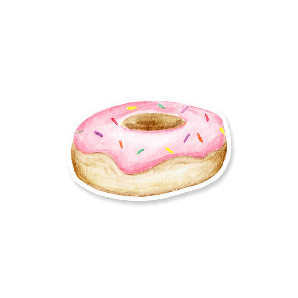 3" vinyl watercolor sticker of a a round donut with pink frosting and rainbow sprinkles