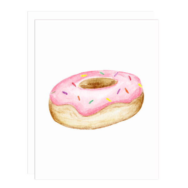 Notecard with a watercolor painting of a round donut with a hole and pink frosting and rainbow sprinkles