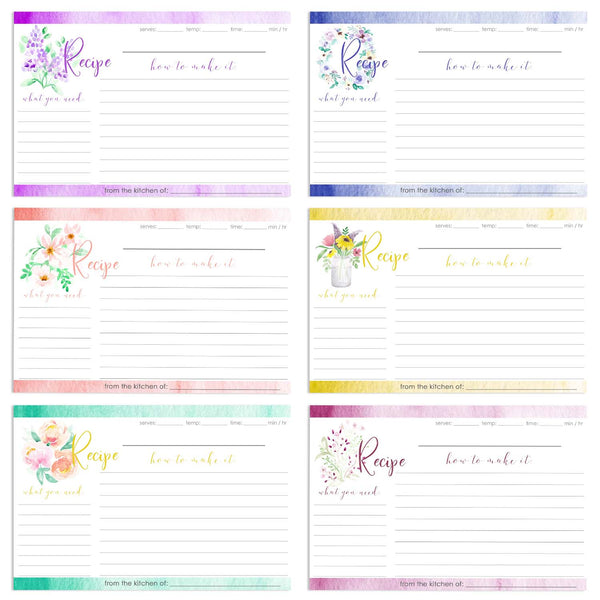 Set of 12 floral watercolor recipe cards showing a range of garden and wild flowers.