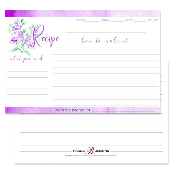 Recipe card with watercolor lilacs in shades of purple