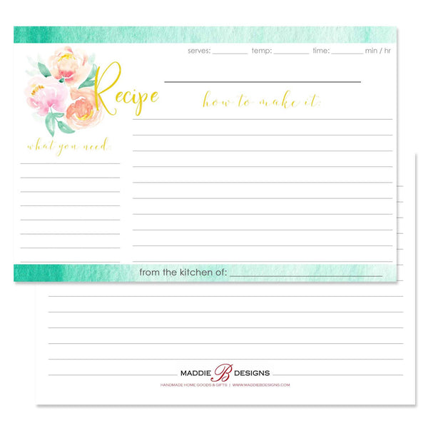 Recipe card with watercolor peonies in pink and peach with an aqua accent color