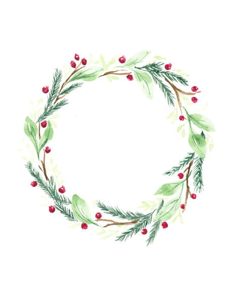 watercolor wall art of a winter holiday wreath with evergreen branches leaves wood branches and red berries