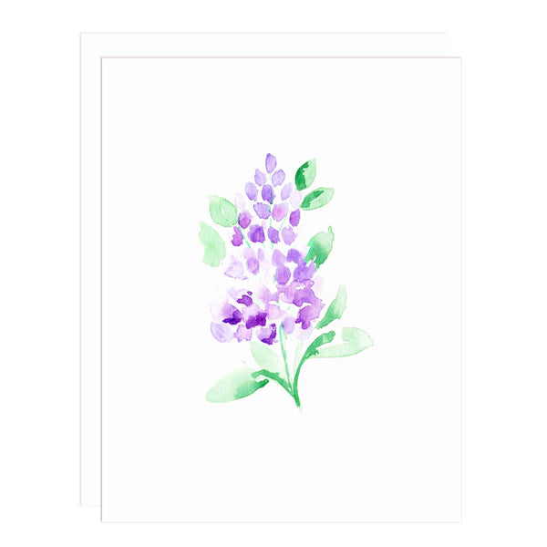 Notecard with a painting of purple lilac blooms and leaves