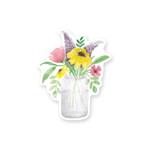 3" vinyl sticker of watercolor mason jar full of wild summer flowers