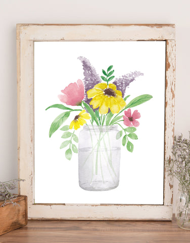 Watercolor painted pink yellow purple wild flowers in a glass jar printable wall art to be framed