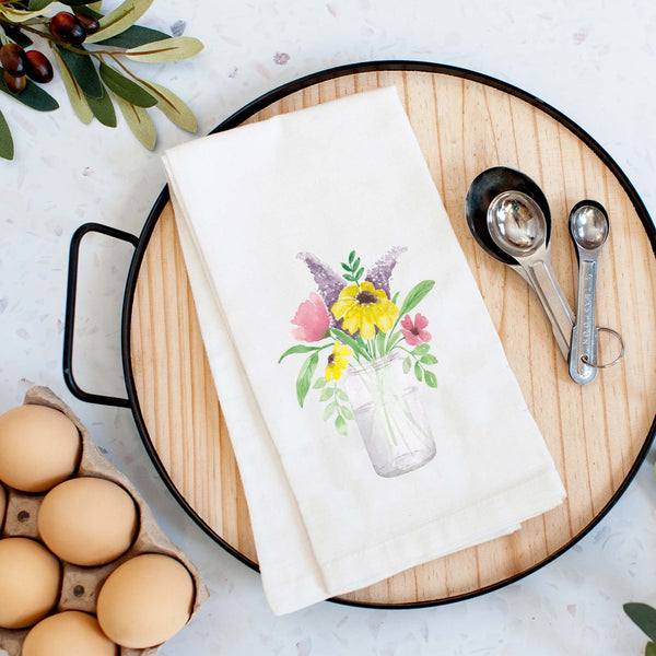 Mason Jar Wild Flowers Watercolor Floursack Kitchen Towel