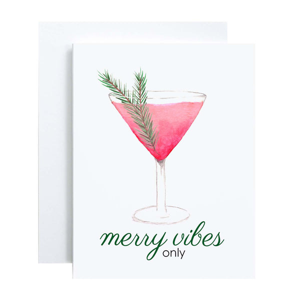 Watercolor greeting card with a watercolor christmas cocktail that says merry vibes only