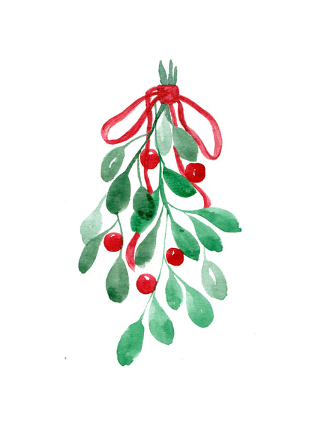 Watercolor painting of mistletoe tied with a red ribbon 