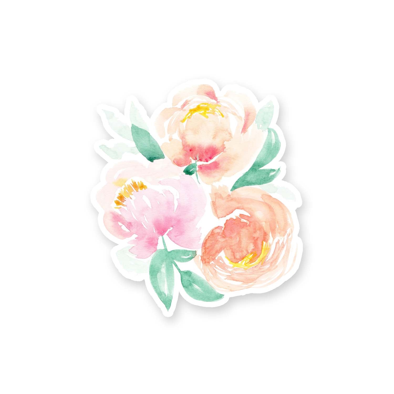 3" vinyl sticker of 3 pink and peach watercolor peonies and leaves