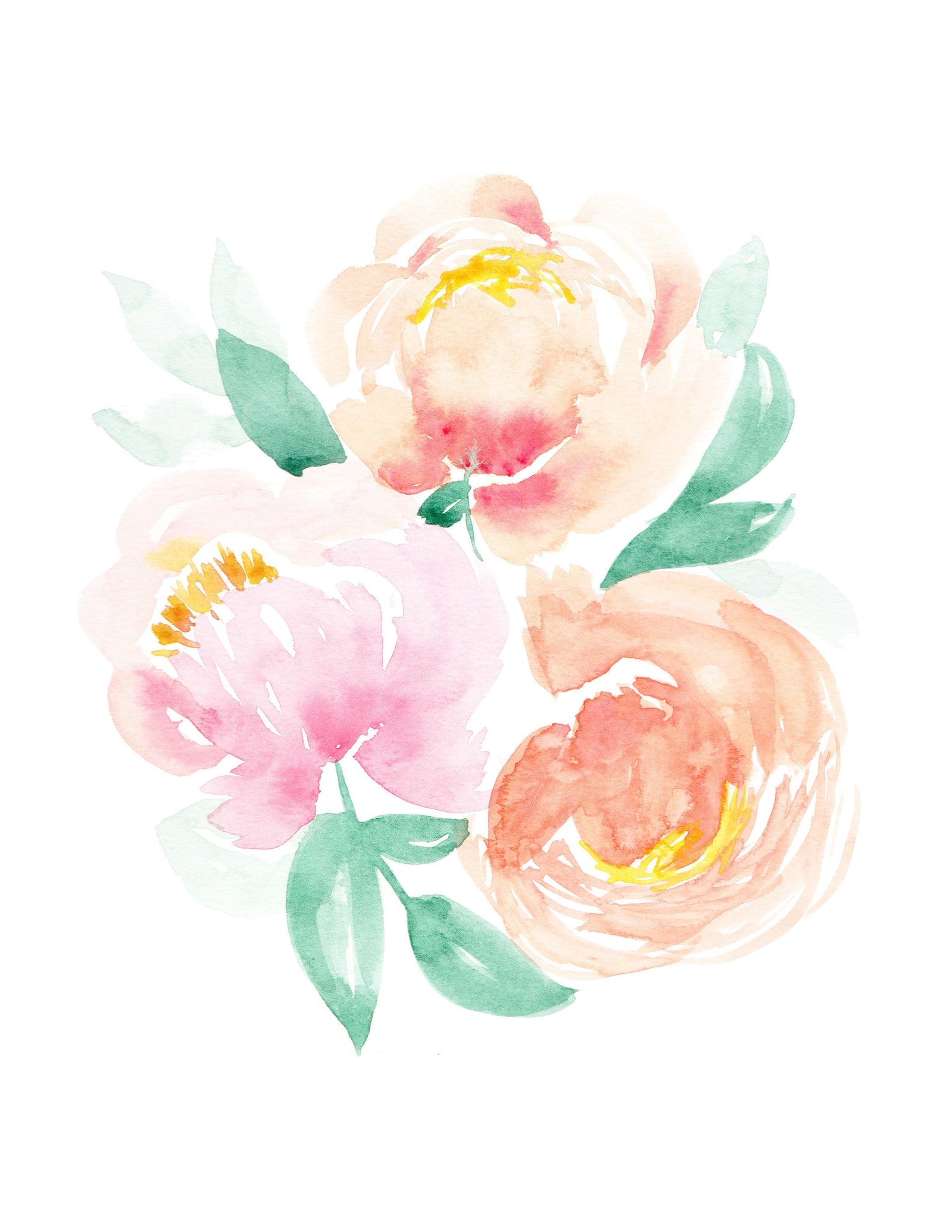 Wall art of three watercolor painted peonies in pinks and peaches with green leaves